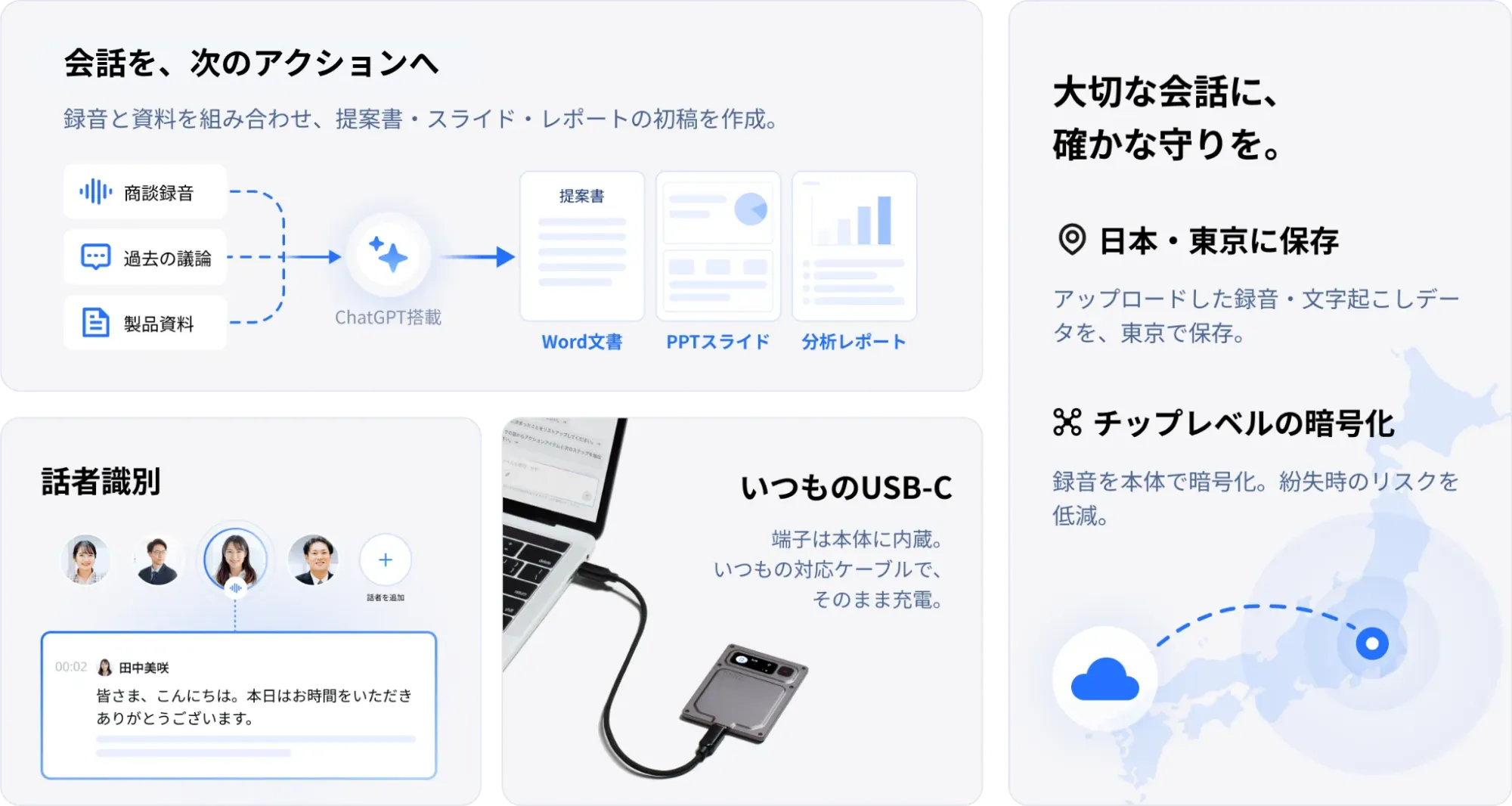 会話を、次のアクションへ。話者識別・いつものUSB-C・大切な会話に確かな守りを
